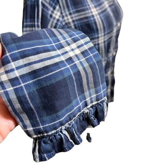 Nili Lotan Vivian Tribeca Design Shirt Navy White Plaid Ruffle Neck Medium - Picture 7 of 12